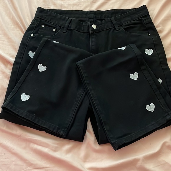 High waisted black pants with white hearts. - Picture 2 of 4